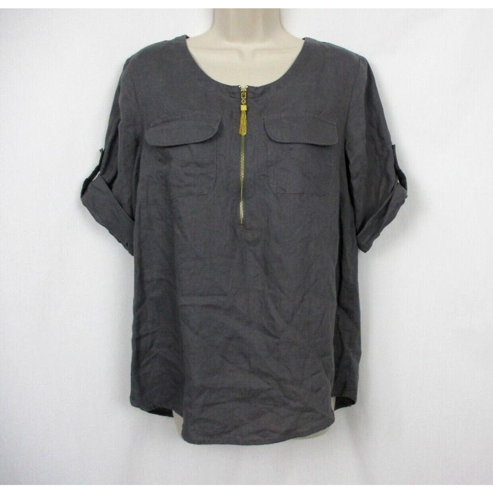 Ellen Tracy Linen Tunic Top Women Small Roll Tab Gold Zipper Tassel Trim Popover